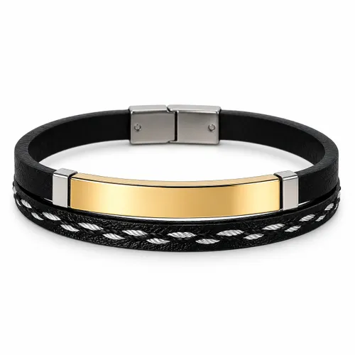 Bracelete 21 cm em Couro Preto com Aço e Placa