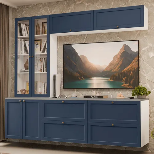 Estante Sala de Estar com Rack + Cristaleira 230cm Branco/Azul Vik Madesa 01