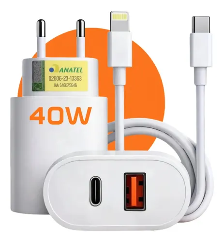 Carregador Turbo 40w para iPhone 11 12 13 14 Pro Max Usb Branco