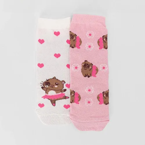 Kit Meia Infantil STZ Cano Médio Capivara Bailarina 2 Pares 26-29 Rosa & Off White