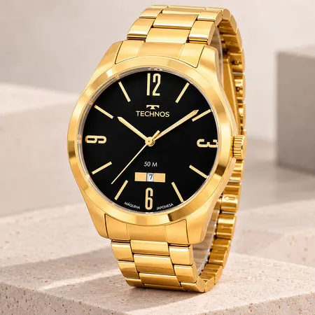 Relógio Technos Masculino Dourado Preto Original 1 Ano de Garantia