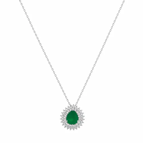 Colar 45 cm Cravejado Zircônias Elos Cadeado Zircônia Esmeralda Gota 8 mm em Prata 925