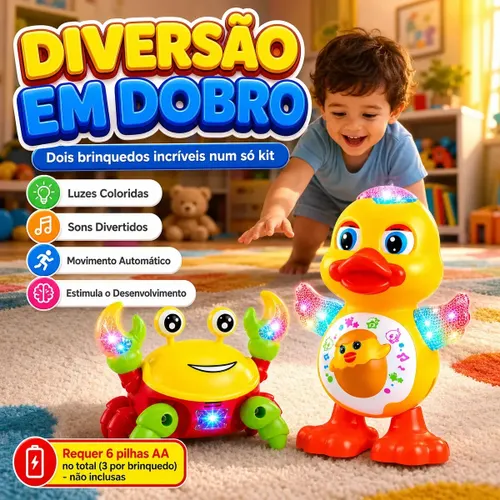 Kit Pato Dançante e Caranguejo Fujão Brinquedo Bebê Criança Interativo Som Luz Movimento a Tabuleria