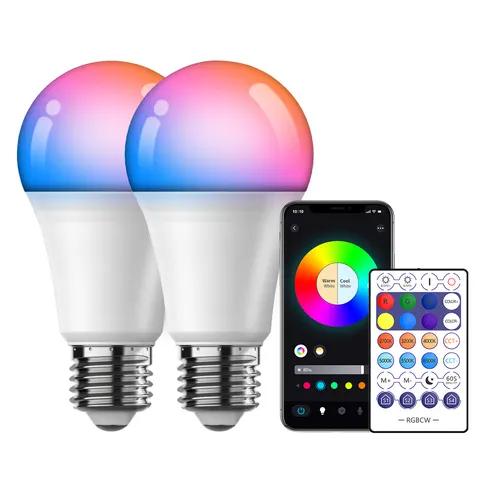 2 lâmpadas inteligentes com Wi-Fi e controlo remoto, com função de controlo por voz, lâmpadas RGB+CCT com mudança de cor, 2700K-6500K, lâmpadas LED E27 com intensidade de luz ajustável.