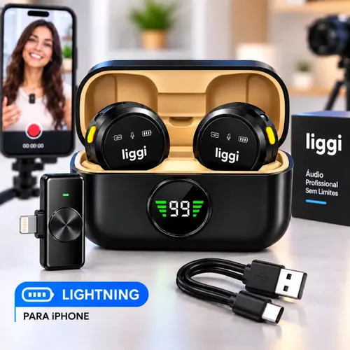 Microfone Lapela Redondo Imã sem Fio Preto Duplo Anti Ruído Cor Preto - Lightning IPhone 8 ao 14