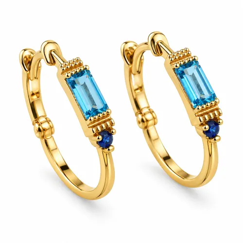 Brinco Argola Baguete com 1 Topázio Swiss e 1 Safira em Ouro 18k