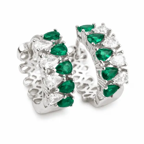 Brinco 1,5 cm Prata Zirconia Cristal e Esmeralda