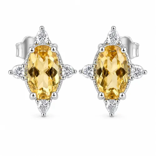 Brinco Oval 6 mm com Zircônia Citrino 4 Zircônias Ponta em Prata 925
