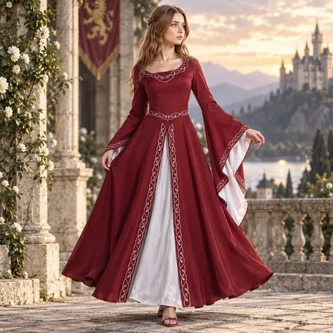 Fantasia com tema de fantasia, mangas largas, traje medieval ocidental para apresentações de palco, para mulheres, com elementos medievais europeus e americanos.