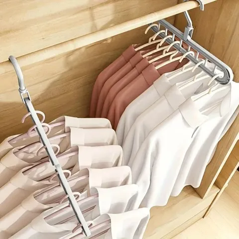 Conjunto de 3 cabides dobráveis com 9 orifícios, organizador de guarda-roupa que economiza espaço, com ganchos multifuncionais para armazenamento doméstico.