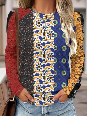 Camisa de manga comprida para mulher, estilo boémio, com estampado floral em patchwork, gola redonda, corte raglan, blusa casual, roupa feminina.