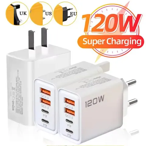 Carregador rápido usb c de 4 portas 120w, adaptador de parede 10a tipo c, cabo de dados para iphone, samsung, xiaomi, huawei, telefone, ue, eua, reino unido, carregador usb