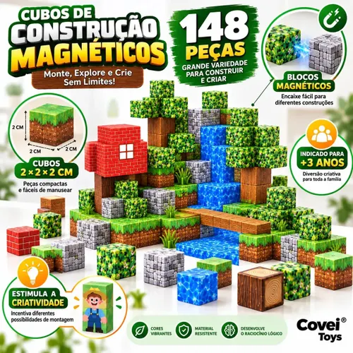 Kit 148 Blocos Imã Magnéticos Construção Montar Empilhamento Cubo Infantil Brinquedo Educativo Covei Toys