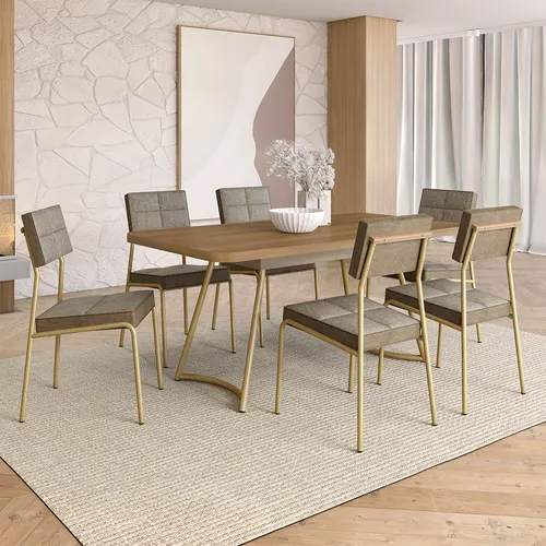 Conjunto Sala de Jantar 6 Cadeiras Belle Carraro Carvalho Dourado