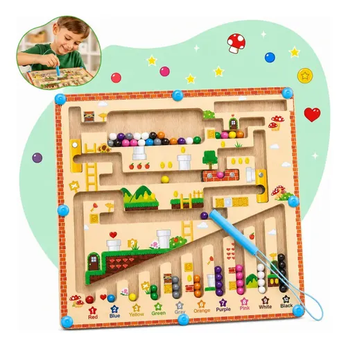 Labirinto Magnético Coordenação Motora Pedagógico Imã Montessori Madeira Brinquedo Infantil Educativo Colorido Criança Quebra Cabeça Kizumba