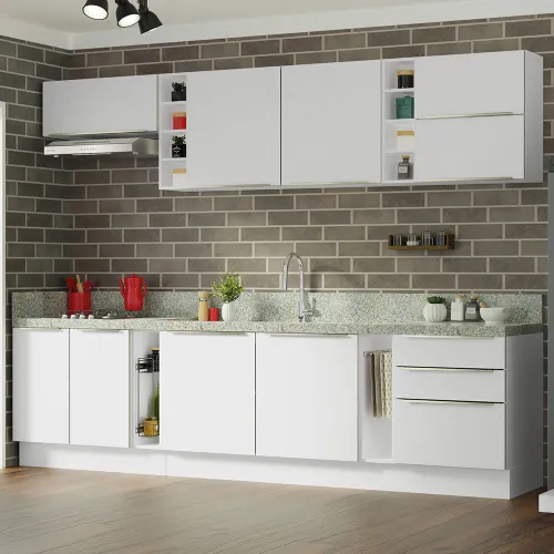 Armário de Cozinha Completa 300 x 60 cm Branco Veludo Lux da Sabrina Madesa