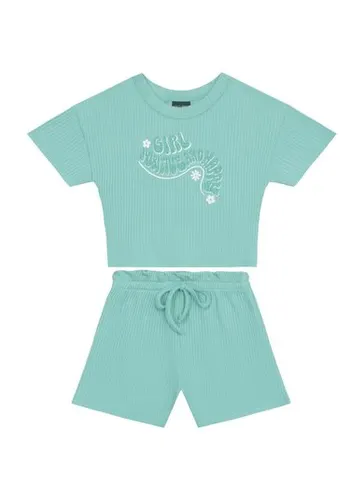 Conjunto Infantil Blusa Cropped Girl Power e Short Clochard (Azul Claro) Guloseima