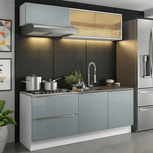 Armário de Cozinha Compacta 200 x 60 cm Branco/Cinza Lux Madesa 01