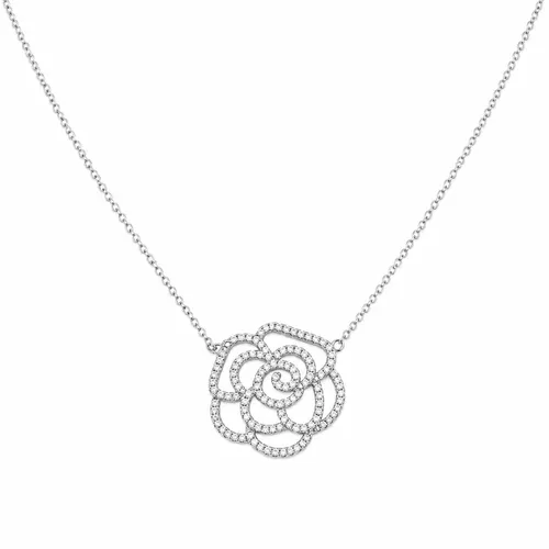 Colar Flor Rosa Vazada Cravejada 45 cm em Prata 925