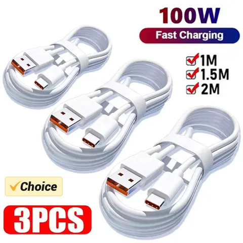 Cabo Carregador Super Rápido 3PCS 100W 6A, Cabo de Dados USB Tipo C, Carregador Rápido Tipo C