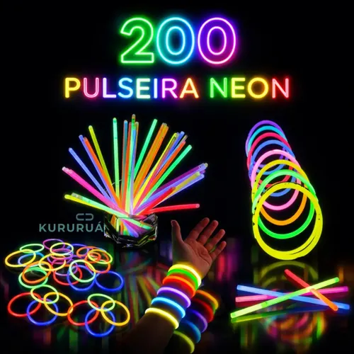 Pulseira Neon Kit 200 Festa Balada Neon Unidades Adereços Fluorescente Led Show Luz Brilho Glow Marca Kururuá