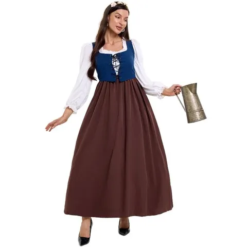 Fato de camponesa vintage para mulher, com decote quadrado, colete com cordões, blusa de manga comprida com efeito bufante, saia longa de cintura alta, ideal para cosplay e interpretação de personagens.