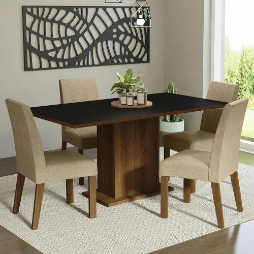 Conjunto Sala de Jantar Mesa Tampo de Madeira 4 Cadeiras Rustic/Preto/Imperial Keila Madesa
