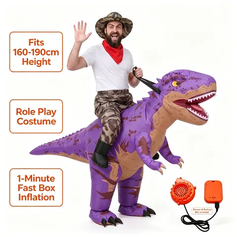 Fantástico fato insuflável de T-Rex com padrão camuflado roxo, para adultos, que pode ser usado para montar em um dinossauro, com chapéu camuflado, ventilador e bateria, ideal para o Halloween.