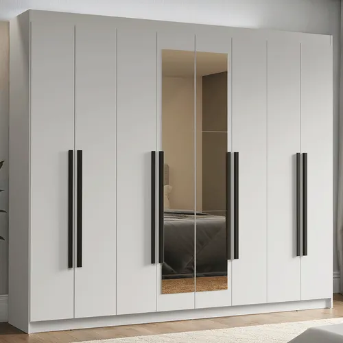 Guarda-Roupa Casal 8 Portas Batentes com Espelho Branco/Branco/Preto Venus Madesa