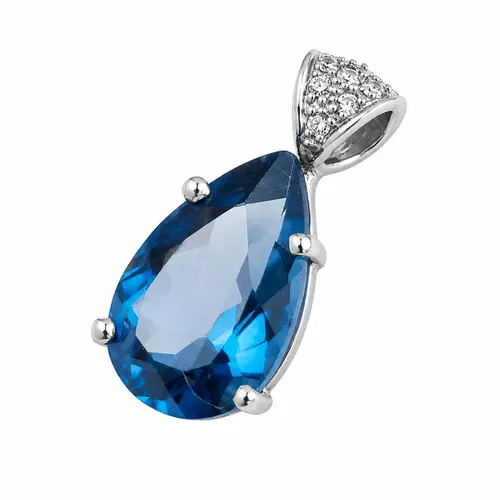 Pingente Gota 2,2 cm com Topázio London e Diamantes em Ouro Branco 18K