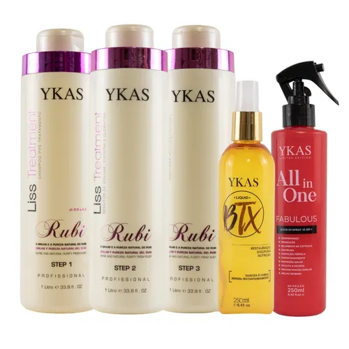 Kit Ykas Escova Progressiva Rubi (3 x 1 Litro) + Ykas Fabulous All In One + Ykas Botox Capilar Líquido Tratamento 250 ml