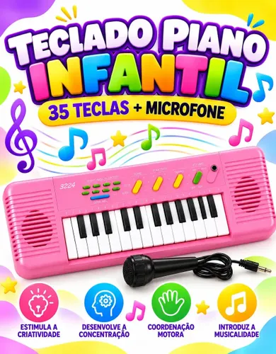 Teclado Piano Infantil 33 Teclas com Microfone Musical Karaokê Educativo Dia das Crianças