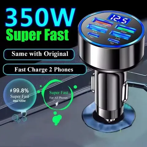 Carregador de carro USB 350W PD QC3.0 USB C Carregador de telefone para carro Tipo C Adaptador para iPhone Samsung Huawei Xiaomi Carga rápida ﻿