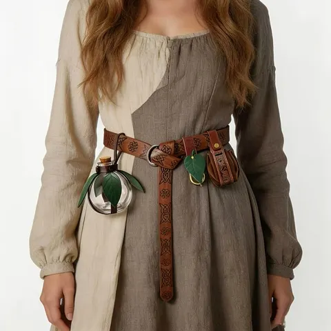 Conjunto de acessórios para cintura medieval, gancho de cinto com design de folha, bolsa de armazenamento para cintura, suporte para garrafa de vidro, para LARP, cosplay renascentista.