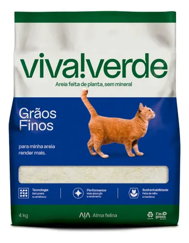 Areia higiênica gatos grãos finos Viva!Verde 4kg de peso neto sem odor e biodegradavel para gatos