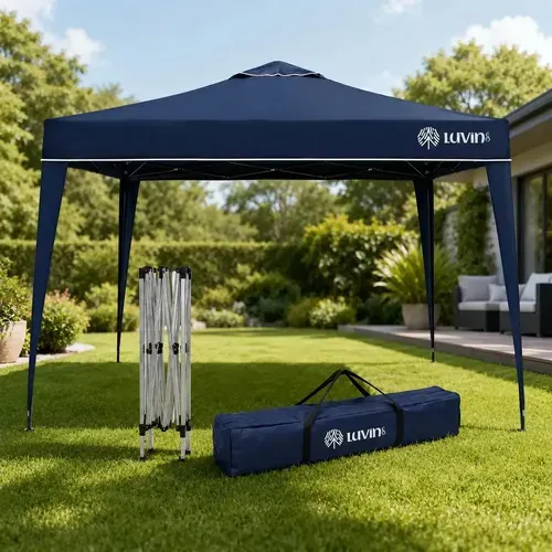 Tenda Gazebo Sanfonada Articulada Luvinco 3x3m Azul Impermeável Resistente Proteção ao Ar Livre Camping Praia Eventos Montagem Prática Estrutura Resistente Durável