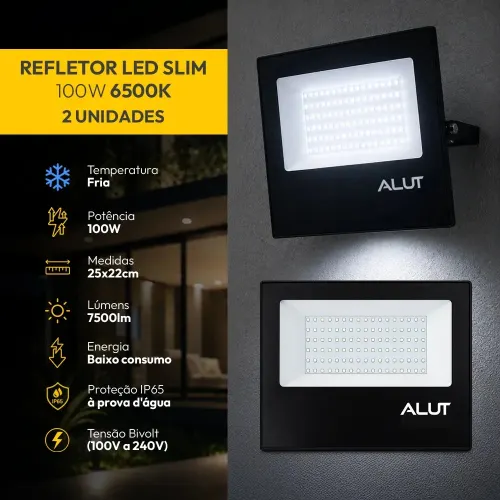 Kit 2 Refletor Led 100w 6500k Branco Frio a Prova D'água Alut Cod: Alut000701-2 Alut By Avant