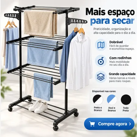 Varal de Chão 3 Andares Dobrável com Rodinhas Vertical Grande Portátil Roupas Apartamento Varal de Pé Lavanderia