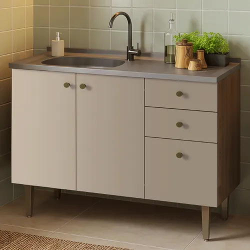 Balcão Gabinete com Pia 3 Portas e 2 Gavetas 105cm Rustic/Crema Gourmet Madesa
