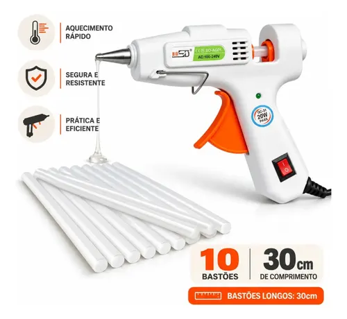 Kit Pistola Cola Quente 20W 7mm + 10 Bastões 30cm Bico Fino Liga Desliga Pronta Uso Artesanato