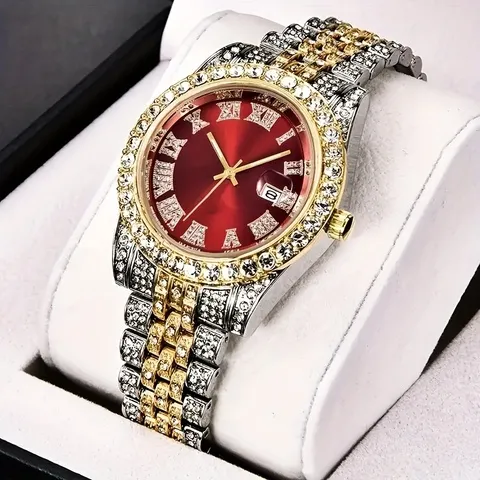 Relógio masculino hip hop, relógio de quartzo retrô inspirado em vintag com mostrador de strass de grandes dimensões e pulseira de aço inoxidável durável para homens
