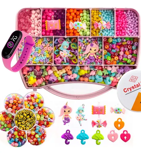 Kit Miçangas Infantil 3500 Pçs para Montar Pulseiras Bolinhas Maleta 19X13 cm 1 relógio digital Anita Bijuterias
