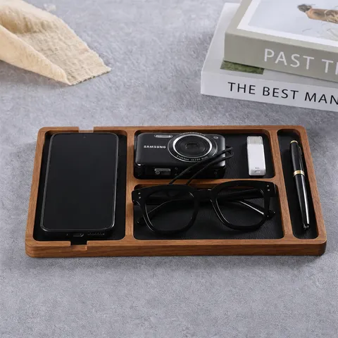 Bandeja Organizadora de Mesa em Madeira Maciça com Divisórias – Organizador Multifuncional para Celulares, Fones de Ouvido e Pequenos Itens
