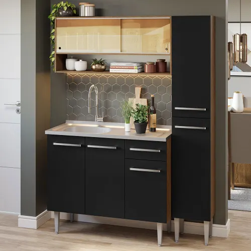 Armário de Cozinha Compacta 137cm com Pia Rustic/Preto Emilly Madesa 10