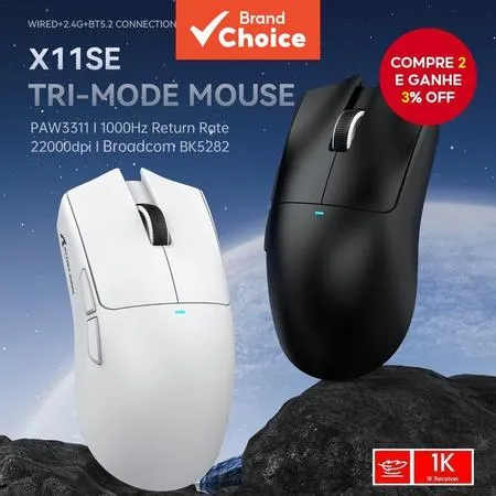  Mouse Gamer sem Fio Tri-Modo SHARK X11SE, Leve 22000DPI, Bateria 65H, Design Ergonômico para Jogos de Precisão