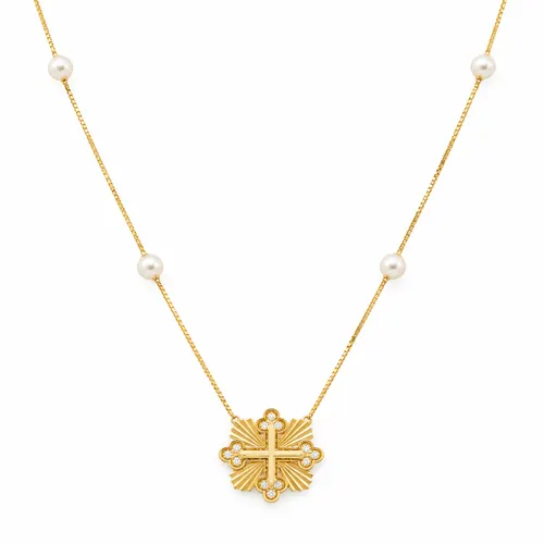 Colar Veneziano com Pérola e Cruz 60 cm em Ouro 18K