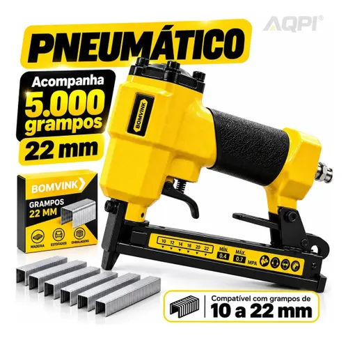 Grampeador Pneumático Profissional com 5000 Grampos 22mm Tipo 80/71 para Tapeçaria Marcenaria Estofados Madeira Móveis Uso com Compressor de Ar Compatível Grampos 10 a 22mm Fixação Segura Rápida AQPI