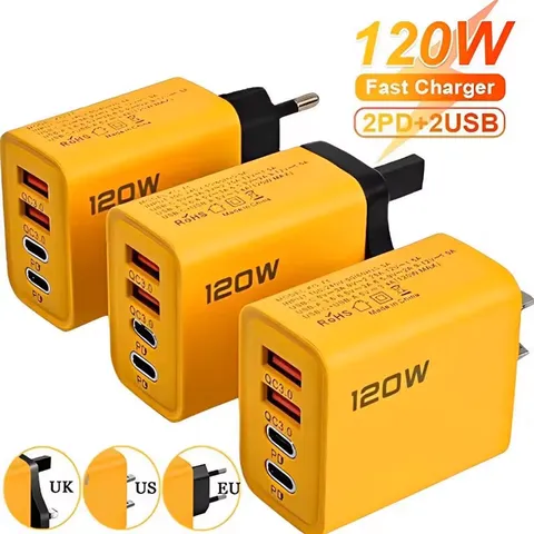 Carregador usb pd de 4 portas 120w tipo c adaptador de carregador de celular de carga rápida para iphone samsung xiaomi ue/eua/reino unido plug carregador de parede