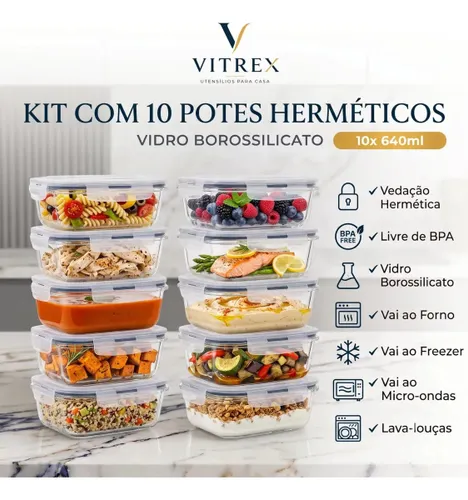 Kit 10 Pote de Vidro Marmita Hermético 640ml Freezer Fitness Vitrex