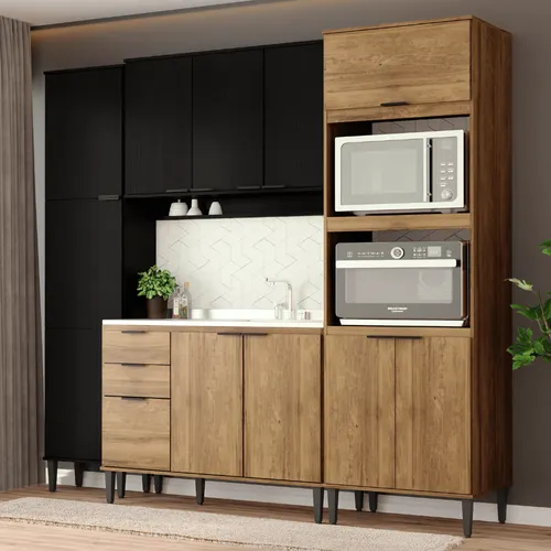 Armário de Cozinha Completa Miami Energy Preto Touch com Freijó